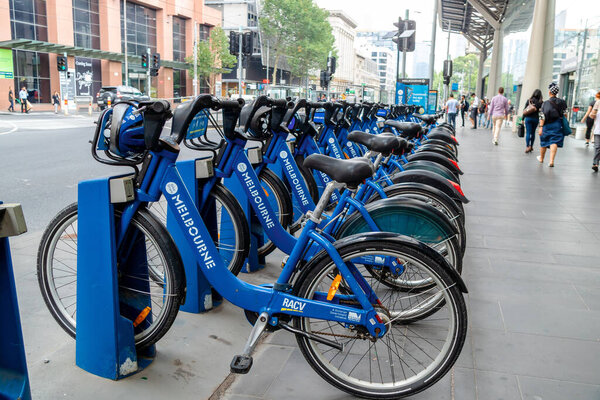 MELBOURNE, AUSTRALIA - March 21, 2019:  The docked blue bikes in Melbourne city centre.