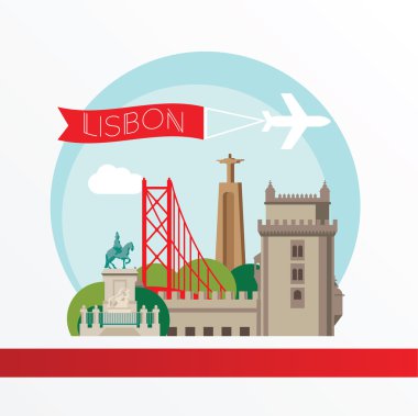 Lisbon, detaylı siluet. Trendy vektör çizim, düz stil. Şık renkli simge.