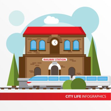 Tren istasyonu düz stil simgesinde bina. Tren istasyonu. Şehir Infographic için kavram.
