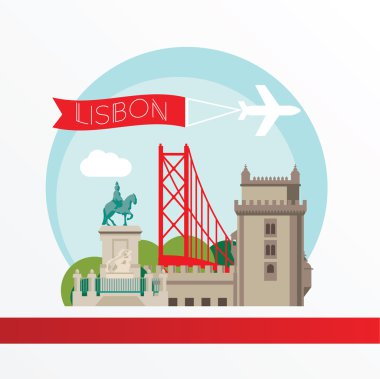 Lisbon, detaylı siluet. Trendy vektör çizim, düz stil. Şık renkli simge.