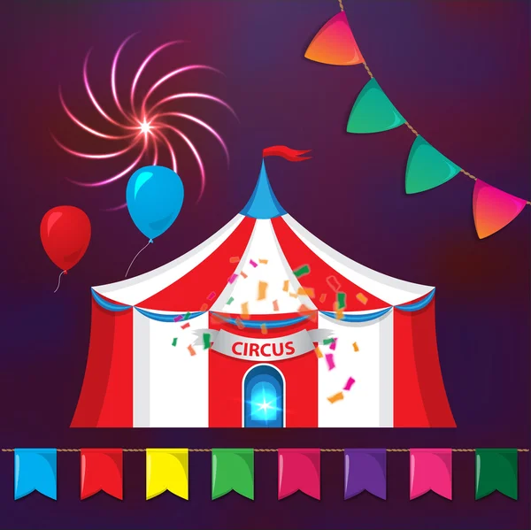 Tendas de circo Big Top com elementos decorativos. Bandeiras, fogos de artifício e guirlandas. —  Vetores de Stock