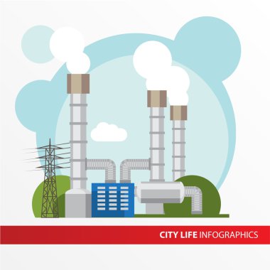 Jeotermal elektrik santrali düz bir tarzda renkli resimde. 