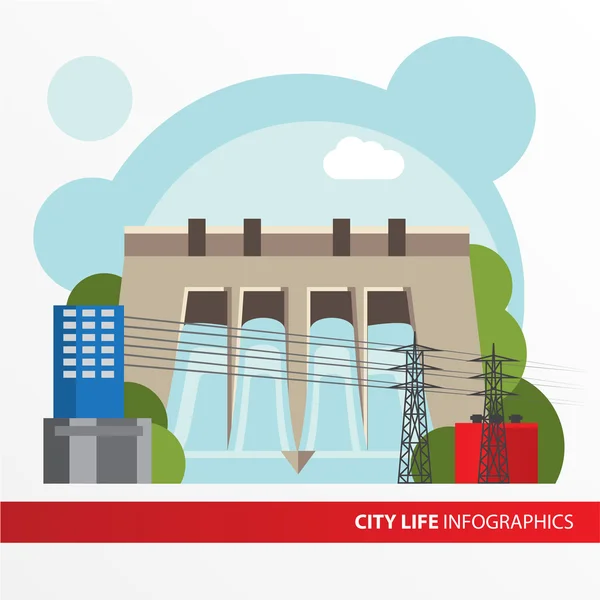 Central hidroeléctrica en un estilo plano. — Archivo Imágenes Vectoriales