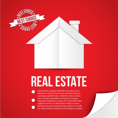 Kırmızı zemin üzerine beyaz kağıt ev. Kavramı kurumsal kimlik veya web afiş için. Minimalist tarzı.