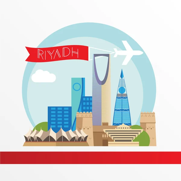 Riyadh skyline arkitektur, vektor illustration med flygplan, bilar och luft ballong, platt design — Stock vektor