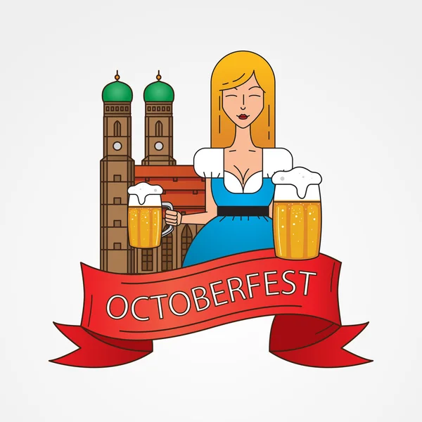 The symbol of the Oktoberfest in Munich, Germany. Linear icon with cute Bavarian waitress dressed in traditional costume . — Stock Vector