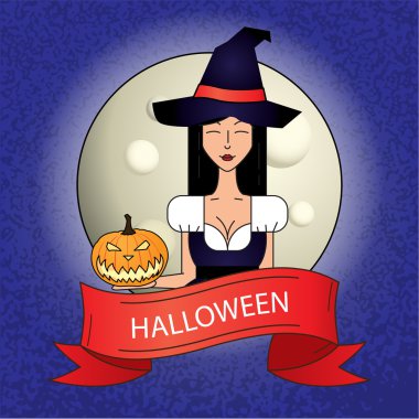 Şirin Halloween cadı koyu arka plan üzerinde sihirli şapka ile mor kostüm ile doğrusal simgesi.