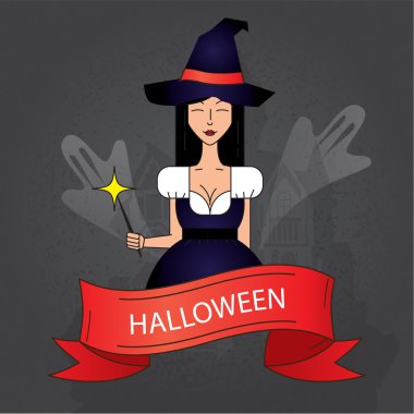 Şirin Halloween cadı koyu arka plan üzerinde sihirli şapka ile mor kostüm ile doğrusal simgesi.