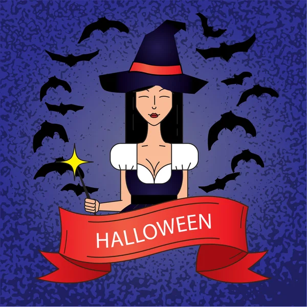 Icône linéaire avec mignonne sorcière Halloween Costume pourpre avec un chapeau magique sur fond foncé. — Image vectorielle