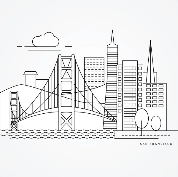 サンフランシスコ、アメリカ合衆国の線形の図です。フラット 1 つの線のスタイル。最高のランドマーク、ゴールデン ゲート ブリッジ. — ストックベクタ