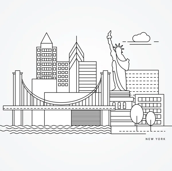 Γραμμική απεικόνιση της Νέας Υόρκης, επίπεδη μας μία γραμμή στυλ. Μεγαλύτερο ορόσημο - άγαλμα της ελευθερίας — Διανυσματικό Αρχείο