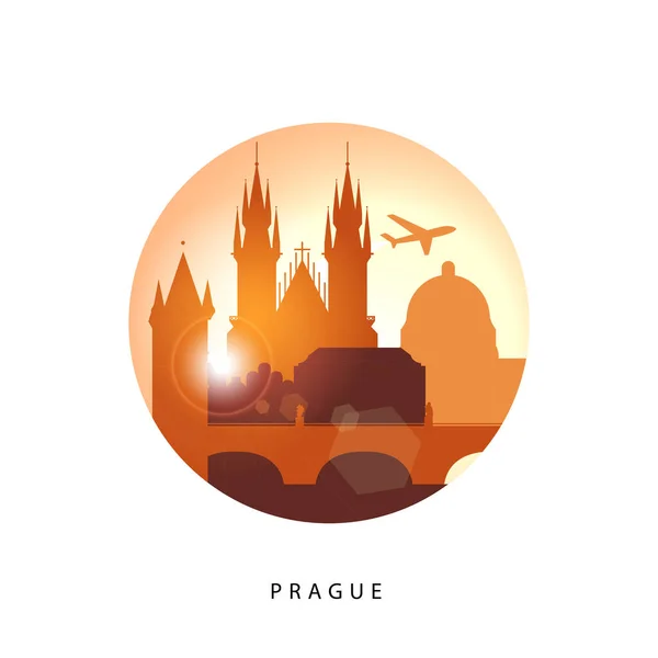 Prag 'ın doğrusal çizimi, Çek Cumhuriyeti. Gün batımı minimalist tasarımı. — Stok Vektör