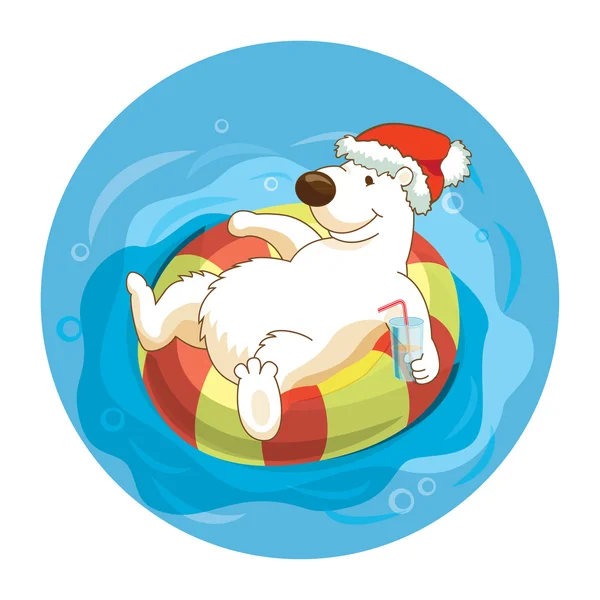 Little cute white bear wearing santa hat is sweaming with flouting ring and drinking cocktails. Celebrate the New Year and Christmas at the resort.