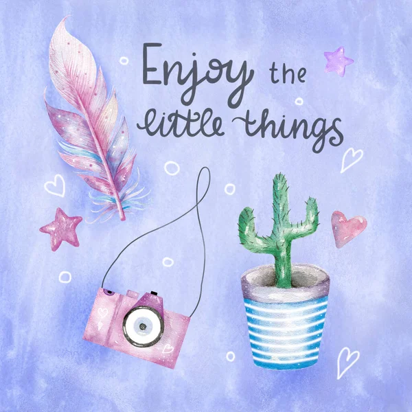 Cute Hand Drawn Watercolor Illustration Cactus Pot Feather Rainbow Isolated — Stock Photo, Image