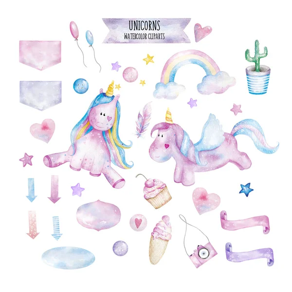 Conjunto Elementos Diseño Dibujados Mano Acuarela Lindos Unicornios Magdalenas Helados — Foto de Stock