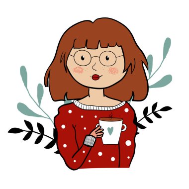 Bir fincan sıcak içecekle tatlı bir karalama kızı. Arka planda çiçek parçaları var. Tişört izi olarak kullanılabilir.