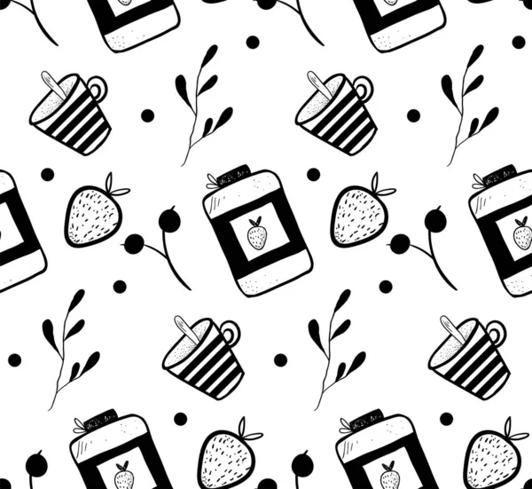 Nahtloses Muster Mit Vektor Schwarz Weiß Doodles Marmelade Tasse Erdbeere — Stockvektor