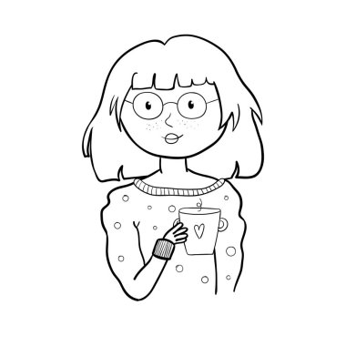 Bir fincan sıcak içecekle çizilmiş sevimli bir kız. Tişört izi olarak kullanılabilir.