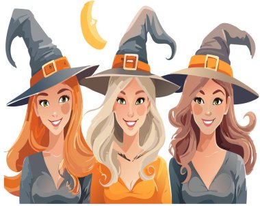 Cartoon illustration featuring three friendly women dressed as witches, smiling and celebrating halloween