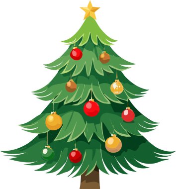 Festive christmas tree illustration, decorating with colorful ornaments and a golden star, representing holiday season celebration