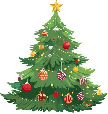 Decorated christmas tree with shiny ornaments, golden star, and string lights, symbolizing winter holidays and festive celebrations