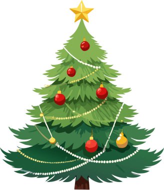 Green traditional christmas tree standing tall, decorated with red and gold ornaments, beads, and a bright star on top