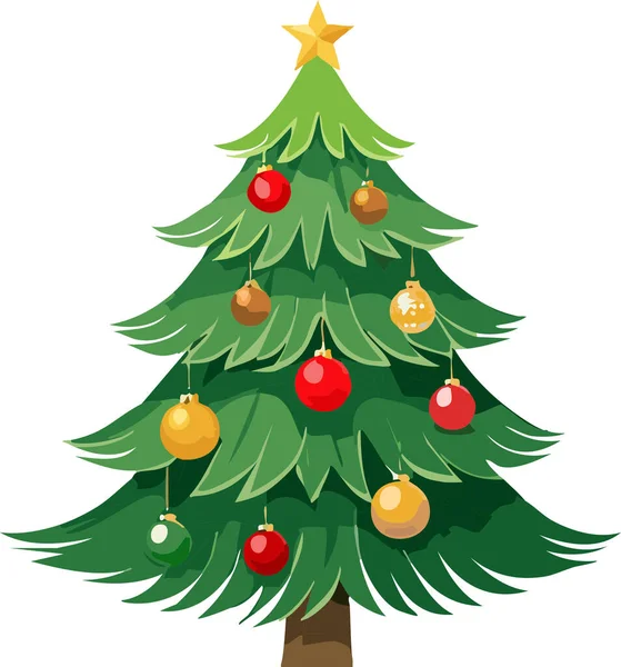 Festive christmas tree illustration, decorating with colorful ornaments and a golden star, representing holiday season celebration