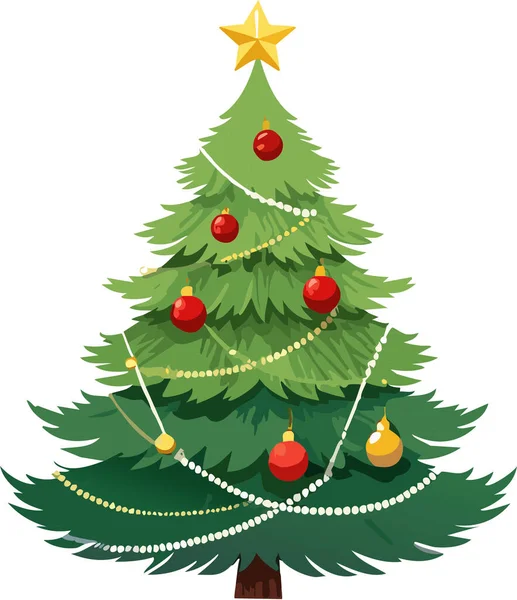 Green traditional christmas tree standing tall, decorated with red and gold ornaments, beads, and a bright star on top