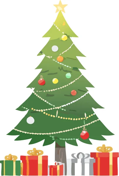 Christmas tree standing on a white background, decorated with ornaments, lights, and a glowing star, with gifts underneath