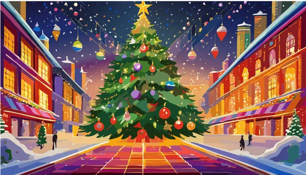 Canlı, aydınlık bir şehir sokağına yağan kar, büyük bir Noel ağacı ve alışveriş yapanların Noel ruhunu yansıtıyor.