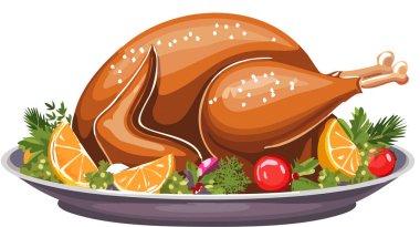 Portakallar, yabanmersinleri ve otlarla süslenmiş bir tabakta kızartılmış hindi süsü. Bayram kutlamaları için mükemmel.