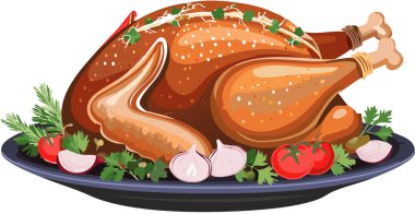 Taze otlar, domatesler, soğanlar ve sarımsakla süslenmiş kızarmış hindiyi sunan tabakta bayram kutlaması için hazır.