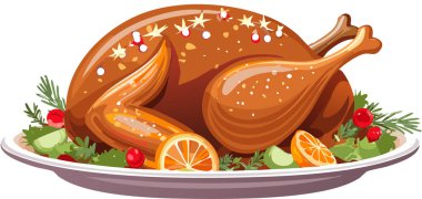 Lezzetli kızarmış hindi sunan tabakta otlar, kızılcıklar ve narenciye dilimleri var. Şenlikli yemek için ideal.