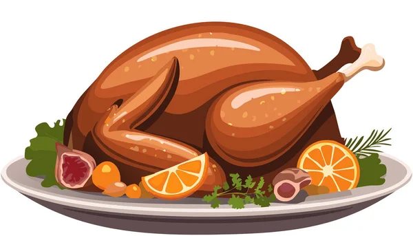 Turuncu, incir ve otlarla süslenmiş altın sarısı tenli fırında hindi, bayramlık bir yemeği temsil ediyor.