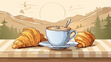 Taze kahve ve kruvasanlar bir masada dengeleniyor, arka planda huzurlu bir dağ ve orman manzarası var. El çizimi.