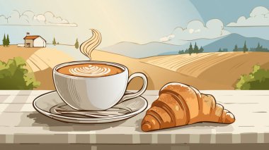 Masada dumanı tüten latte ve taze kruvasan manzaralı tepeler ve çiftlik resimleriyle huzurlu bir sabah yemeğinin tadını çıkarıyor.