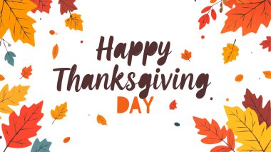 Bayramlık tipografi ve renkli sonbahar yapraklarının yer aldığı Şükran Günü tebrik kartı beyaz arka planda dekoratif bir sınır oluşturuyor.