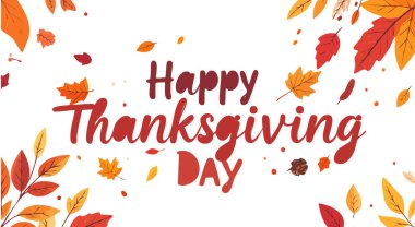 Düşen sonbahar yaprakları ve beyaz arka planda sıcak renklerin yer aldığı Şükran Günü mesajınız kutlu olsun. Tatili kutluyoruz.