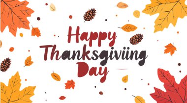 Düşen akçaağaç yaprakları ve beyaz arka planda çam kozalakları mevsimlik kartlar ve pankartlar için ılık sonbahar renkleri ile şükran günü selamlaması