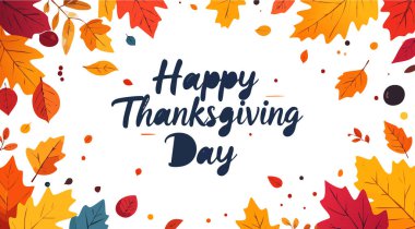 Şükran Günü renkli sonbahar yapraklarıyla karşılanıyor. Beyaz arka planda dekoratif bir sınır oluşturuyor. Tatili kutluyoruz.
