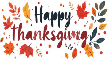 El yazısı, renkli sonbahar yaprakları, böğürtlen ve beyaz arka planda yeşillik içeren Şükran Günü mesajınız kutlu olsun.