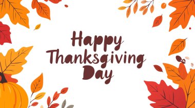 Şükran Günü tebrik kartı, balkabağı ve renkli sonbahar yaprakları ile bayram ve hasat mevsimi için beyaz arka planda.