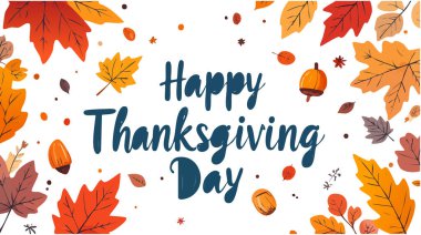 Şükran Günü tebrik kartı resimlerinde sonbahar akçaağaç yaprakları, düşen elementler ve neşeli bir mesaj çerçeveli meşe palamutları yer alıyor.