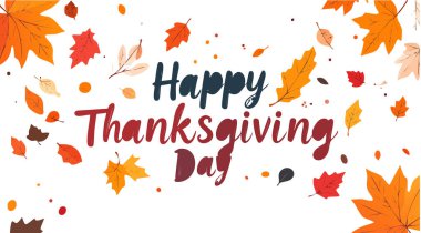 Şükran Günü 'nü, beyaz arka planda düşen renkli sonbahar yapraklarıyla çevrili el yazısıyla kutluyoruz.