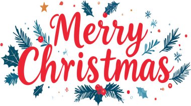 Noel el yazısı kırmızı metin, yeşil yeşillik ve dekoratif unsurlarla dolu bayram mesajını gösteriyor.