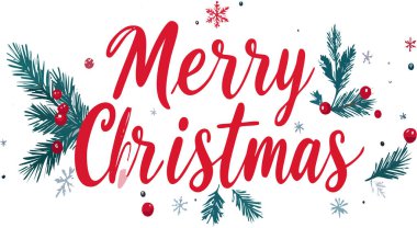 Kış kutlamaları için yeşil dalları, kırmızı böğürtlenleri ve düşen kar taneleriyle el yazısıyla yazılmış mutlu noel mesajı.