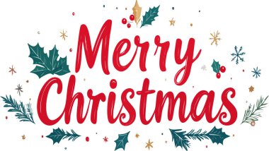 Şık el yazısıyla mutlu noeller, kutsal yapraklar, böğürtlenler, çam dalları ve neşeli bir tatil tasarımı yaratan kar taneleriyle süslenmiş.