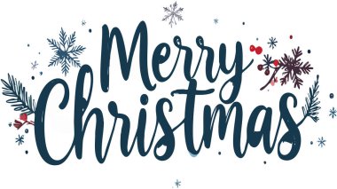 Beyaz arka planda el çizimi mutlu noel yazısı, şenlikli kar taneleri, çam dalları ve kırmızı böğürtlenlerin yer aldığı