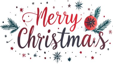 Beyaz arka planda mutlu noeller, çam dalları, kar taneleri ve kırmızı bir mücevher, bayram kutlamaları yaratıyor.