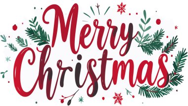 Yeşil çam dalları ve kırmızı kar taneleri olan zarif mutlu noel mektupları, bayram kutlamaları için mükemmel.